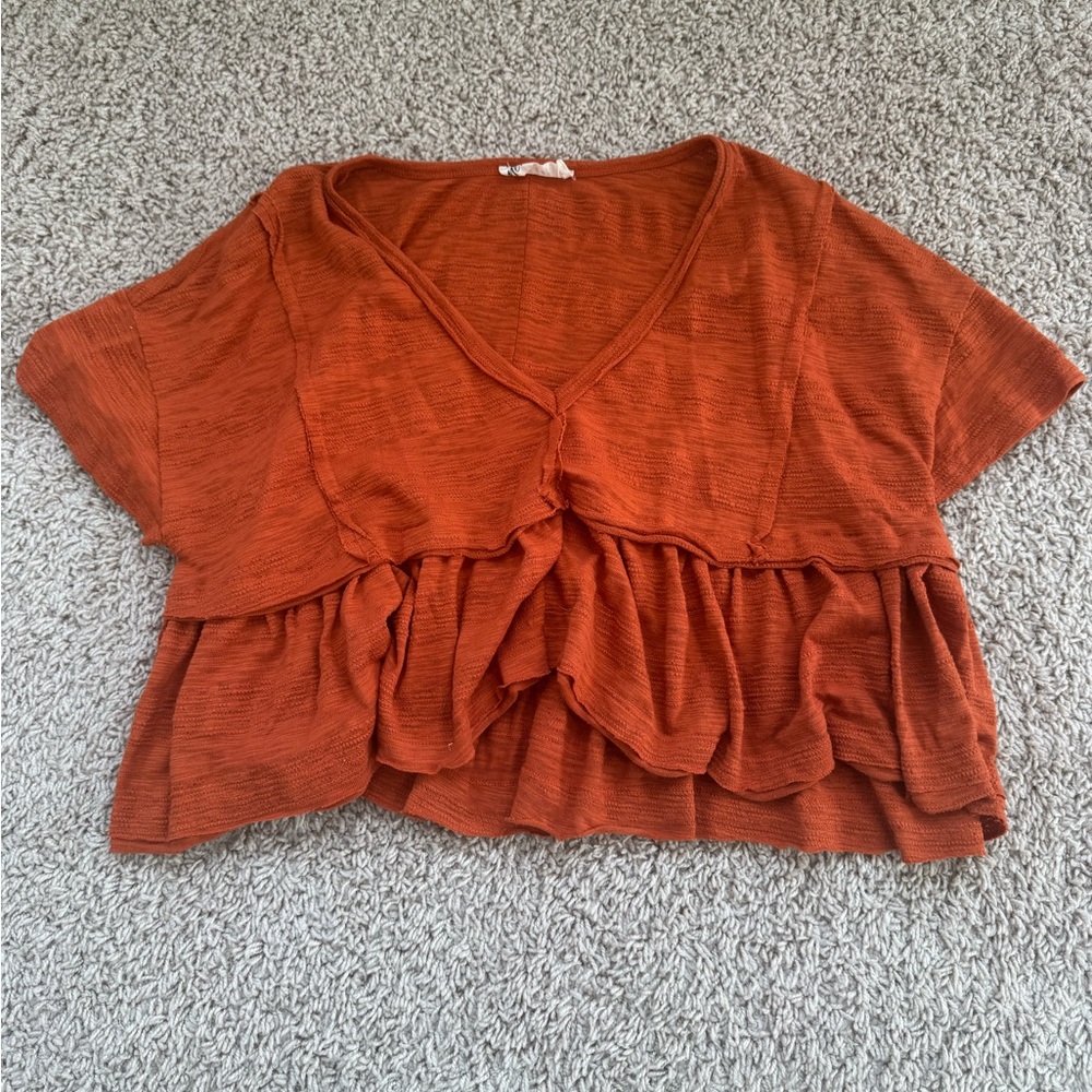 Rust Ruffled V-Neck Cropped Short Sleeve Top
